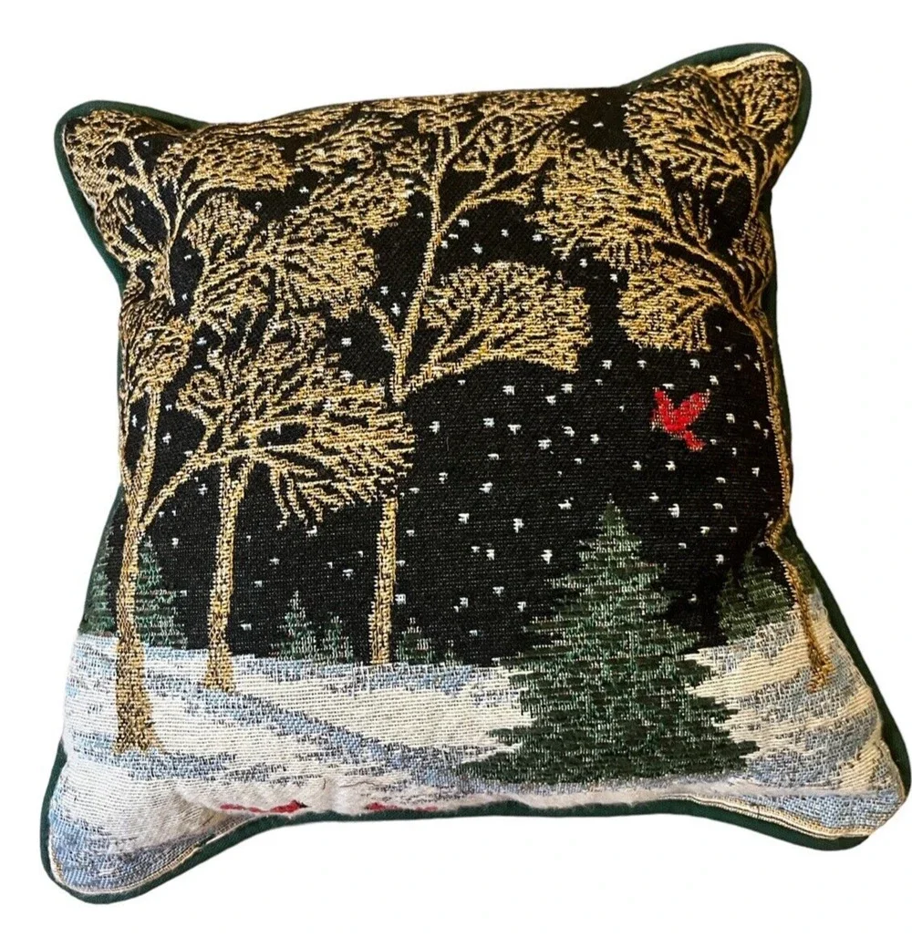 Embroidered Winter Scene Christmas Cardinal Gold Thread Trees Throw Pillow